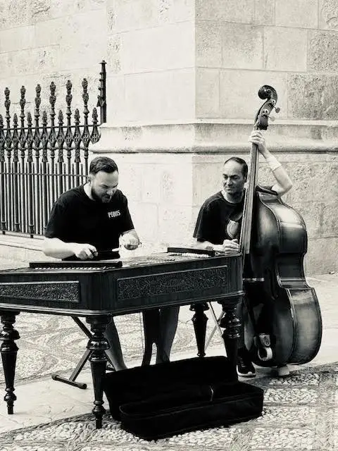 Street musicians playing double bass and dulcimer in black and white urban setting