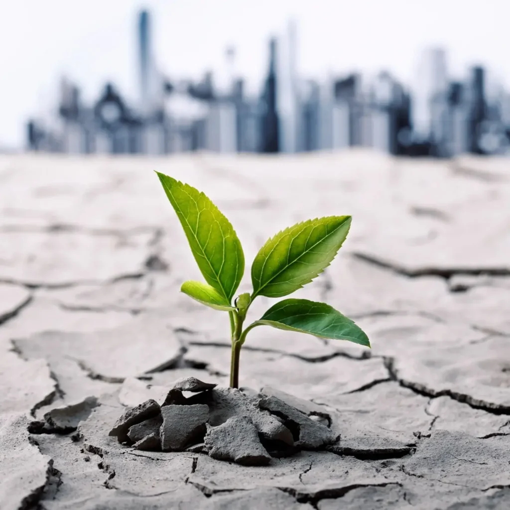 Green plant growing through cracked dry soil with blurred city skyline in background symbolising resilience and growth