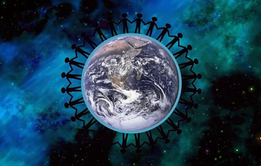 Illustration of people holding hands around Earth in space, symbolising global unity, connection and community