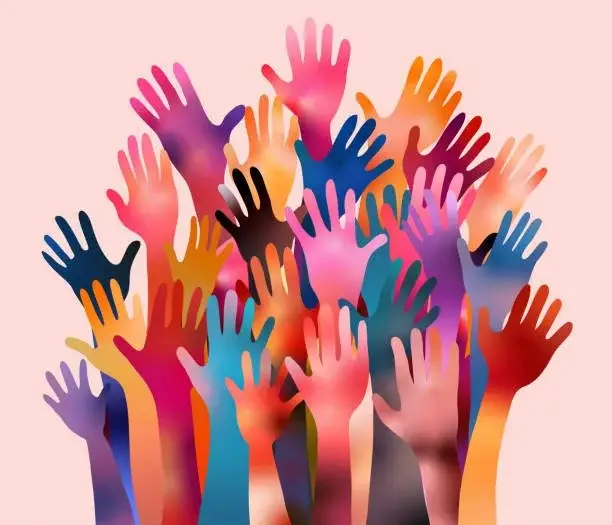 Colourful raised hands illustration representing diversity, inclusion and community participation