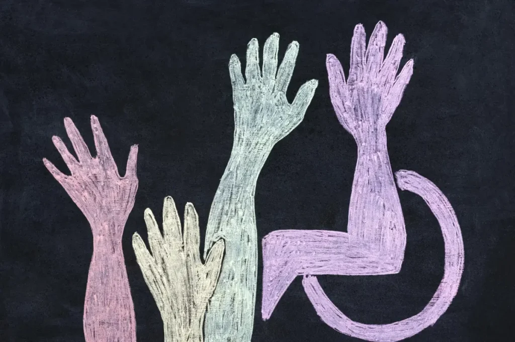 Chalk-style illustration of raised hands including wheelchair symbol, representing accessibility, inclusion and equal opportunity